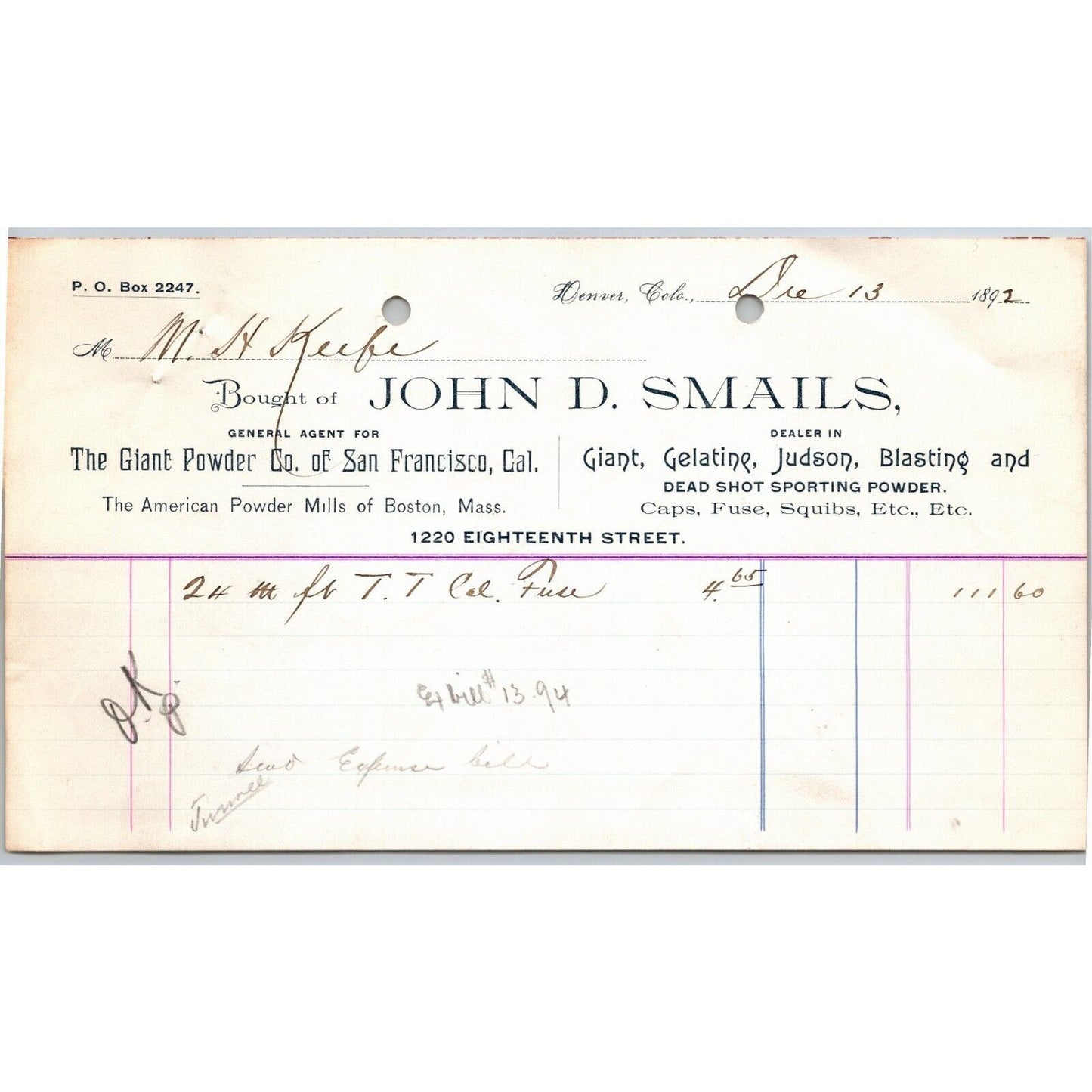 1892 Denver, CO John D. Smails Giant Powder Fuse Caps Letterhead - M.H. Keefe