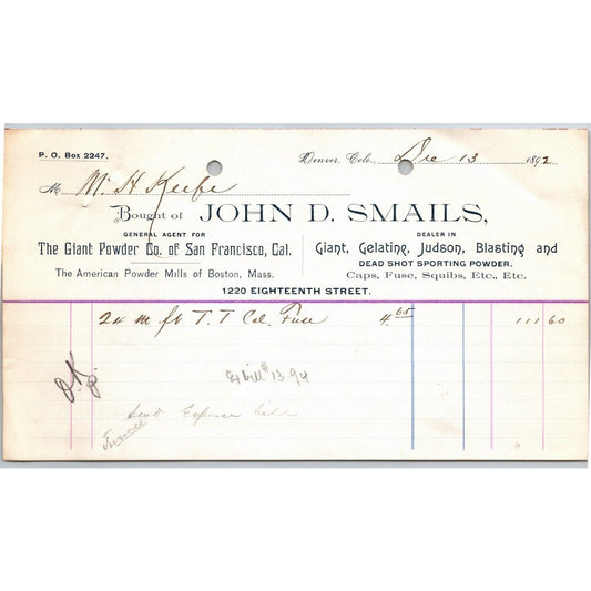 1892 Denver, CO John D. Smails Giant Powder Fuse Caps Letterhead - M.H. Keefe