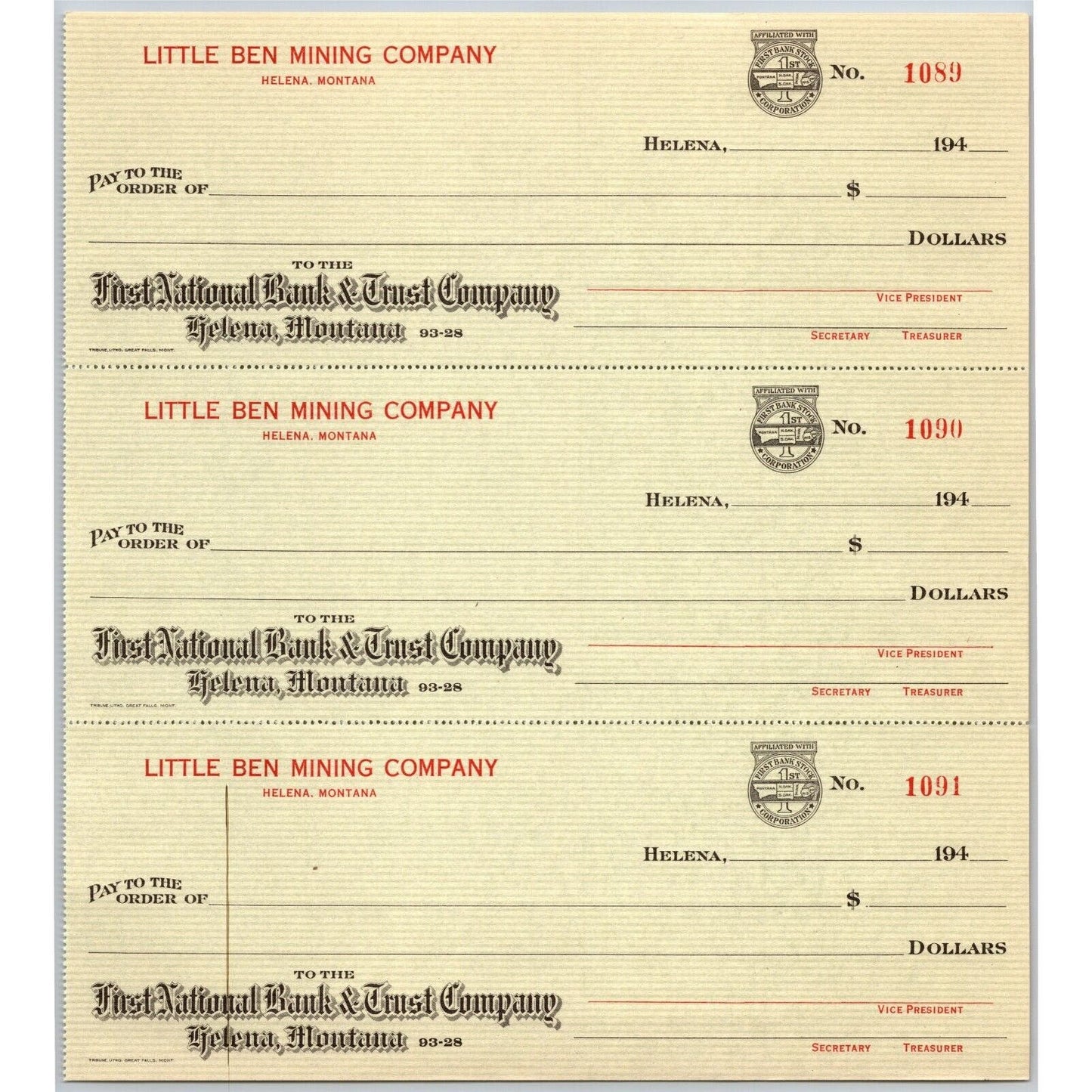 Helena, MT Little Ben Mining Company First National Bank Check Sheet - 1940