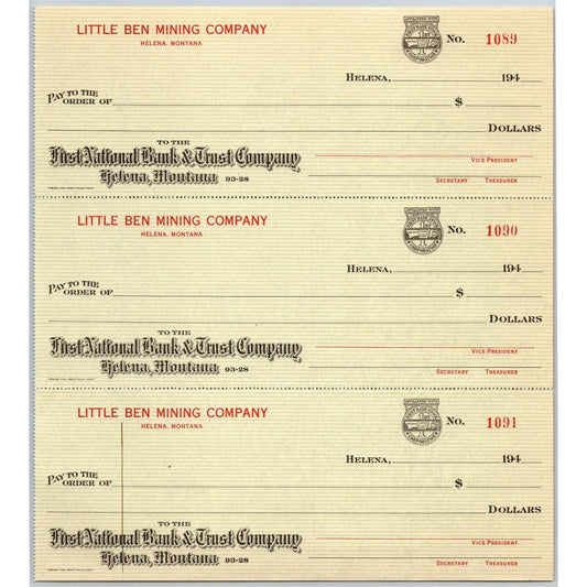 Helena, MT Little Ben Mining Company First National Bank Check Sheet - 1940