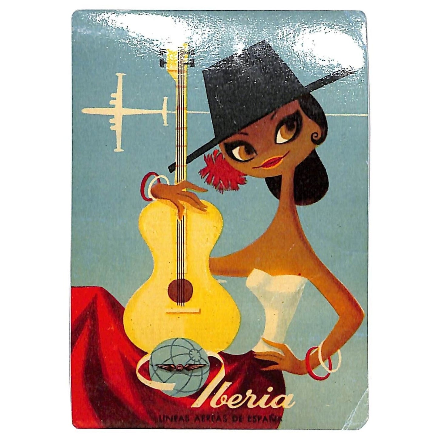 Iberia Lineas Aereas Easpanolas Airline Luggage Label Woman w/ Guitar c1950's