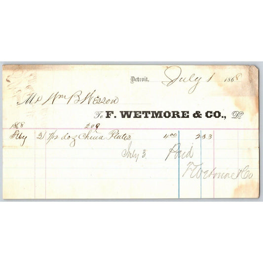 Detroit Letterhead Wetmore & Co. (Glassware Lamps Gas Fixtures Crockery) 1868