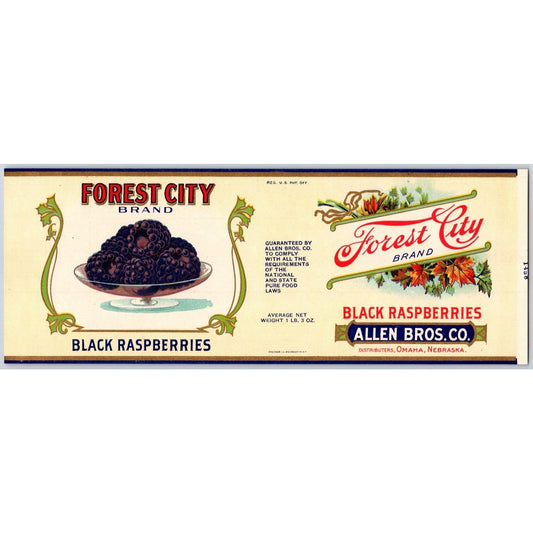 Forest City Black Raspberries Paper Can Label Omaha, NE NOS VGC c1920's-30's