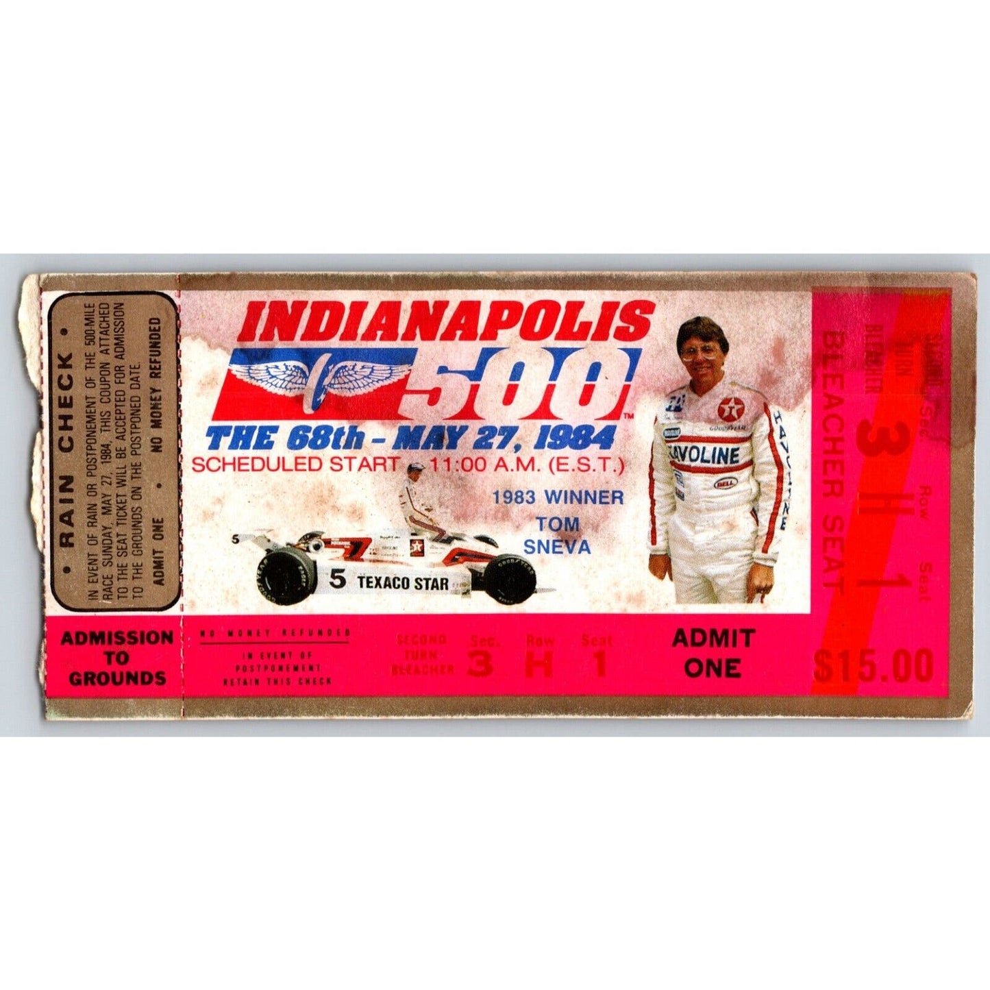 1984 Indianapolis 500 Ticket Stub Racing IMS Tom Sneva - seat 1