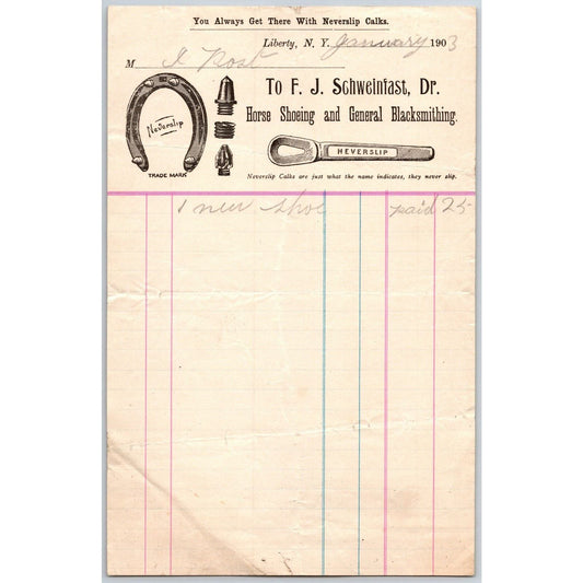 Liberty, NY F.J. Schweinfast Horse Shoeing & Blacksmithing Jan 1903 Billhead
