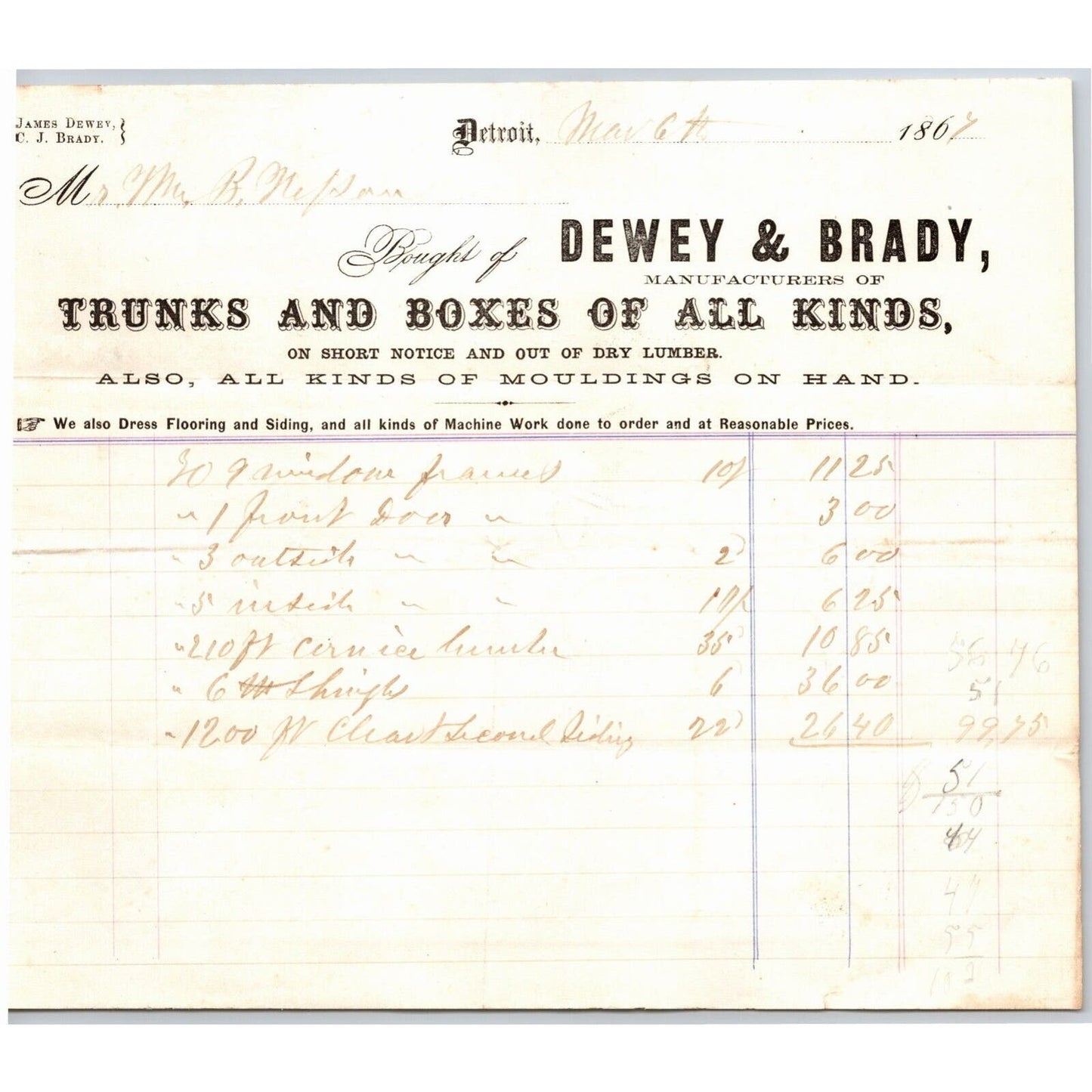 Detroit Letterhead Dewey & Brady "Trunks and Boxes of All Kinds" 1867