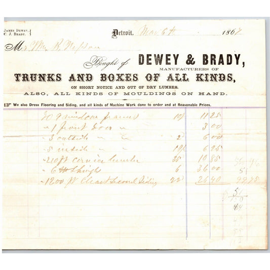 Detroit Letterhead Dewey & Brady "Trunks and Boxes of All Kinds" 1867