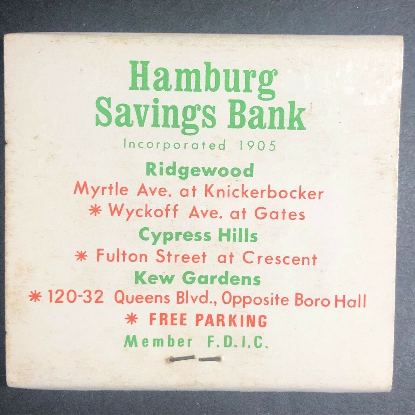 60's-70's Full Matchbook "Hamburg Savings Bank" Ridgewood Cypress Hills