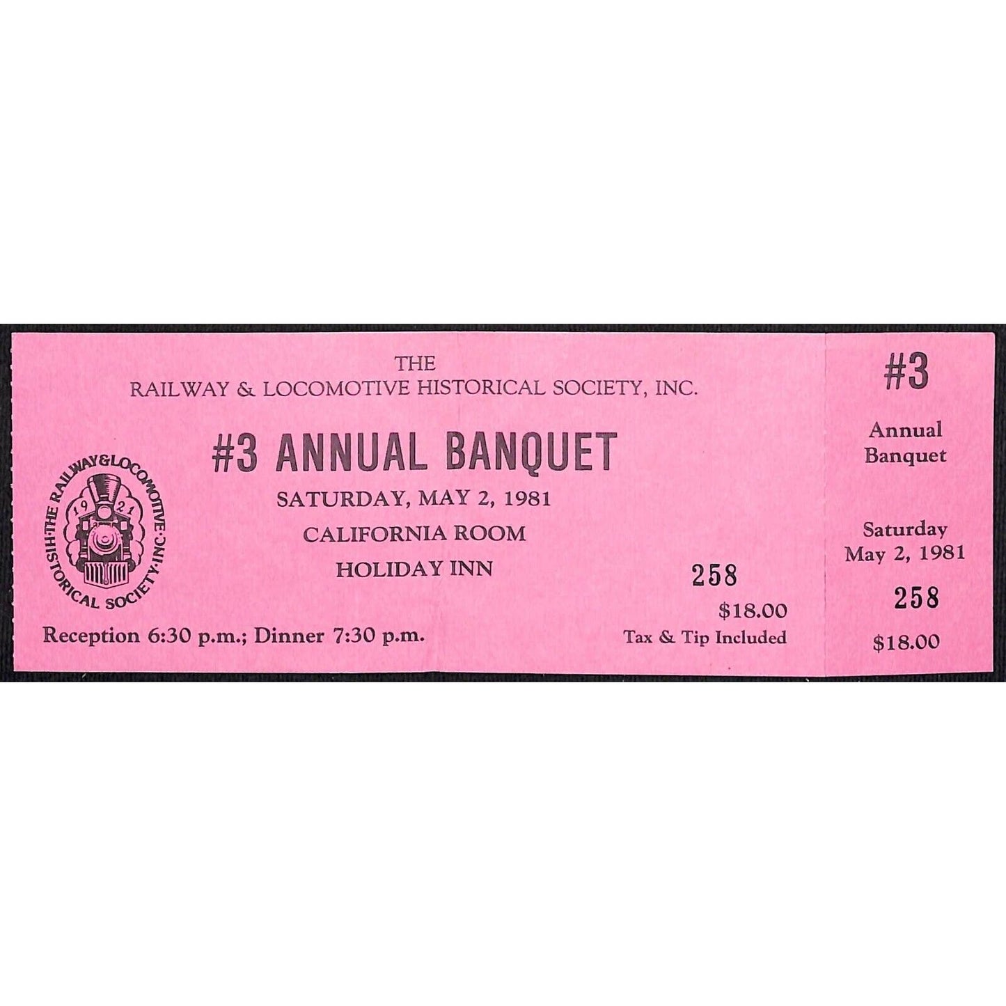 1981 Railway & Locomotive Historical Society #3 Annual Banquet Ticket #258