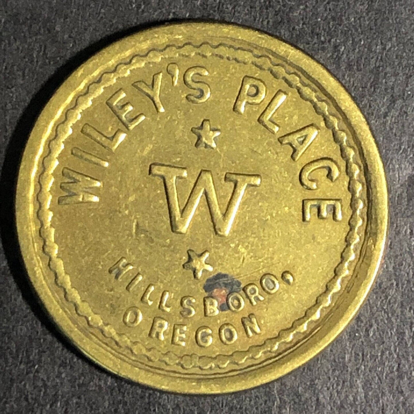 Wiley's Place Hillsboro Oregon G/F 5c Brass Trade Token -- "W" 22mm