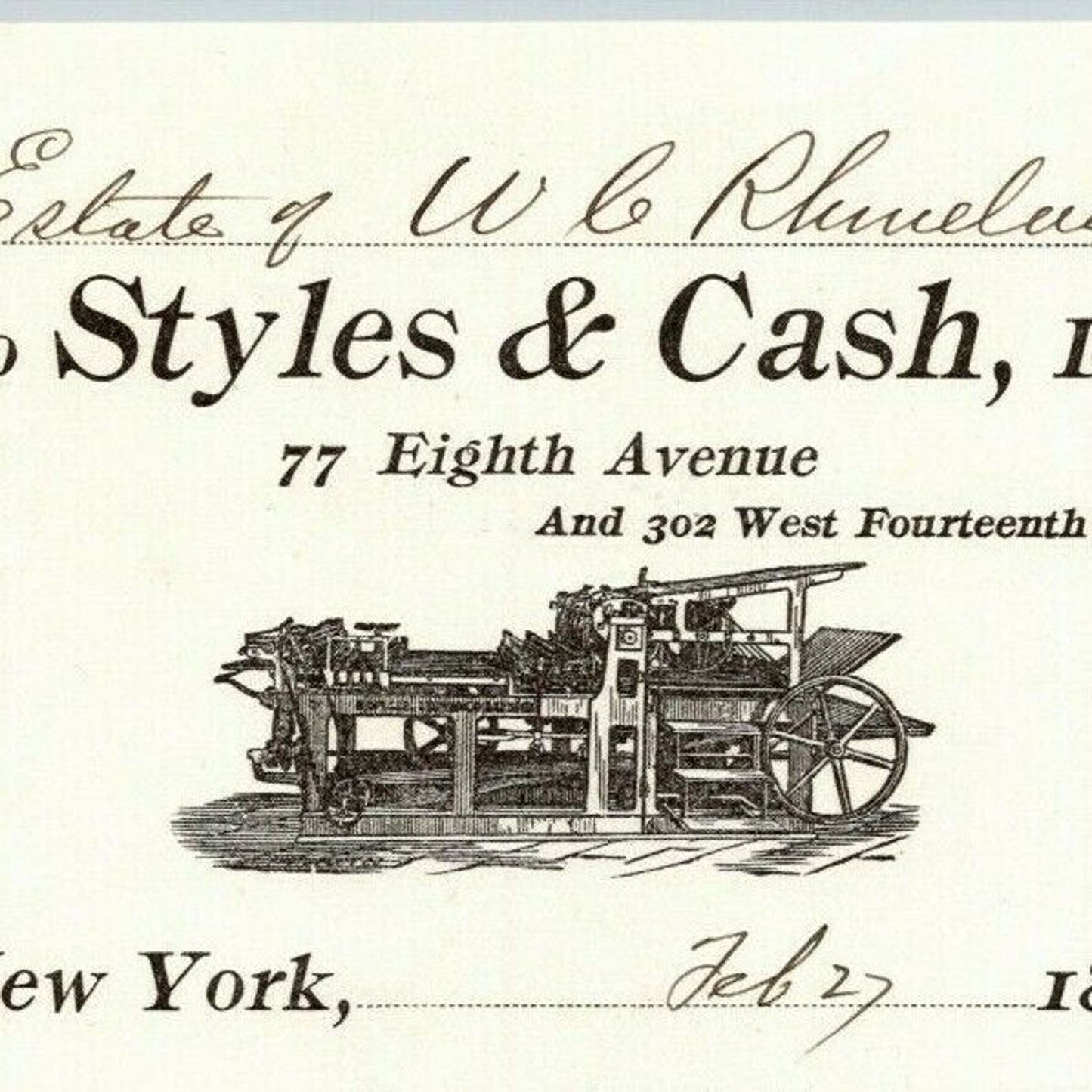 1897 Styles & Cash Stationers Book Printers Billhead Letterhead 77 8th Ave NYC