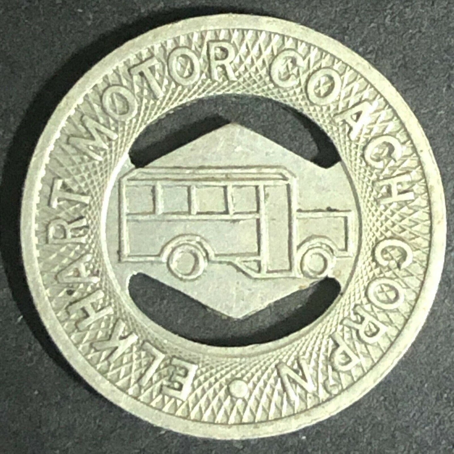c1945 16mm Elkhart Motor Coach Corp Brass G/F One Fare Token Indiana (1532)