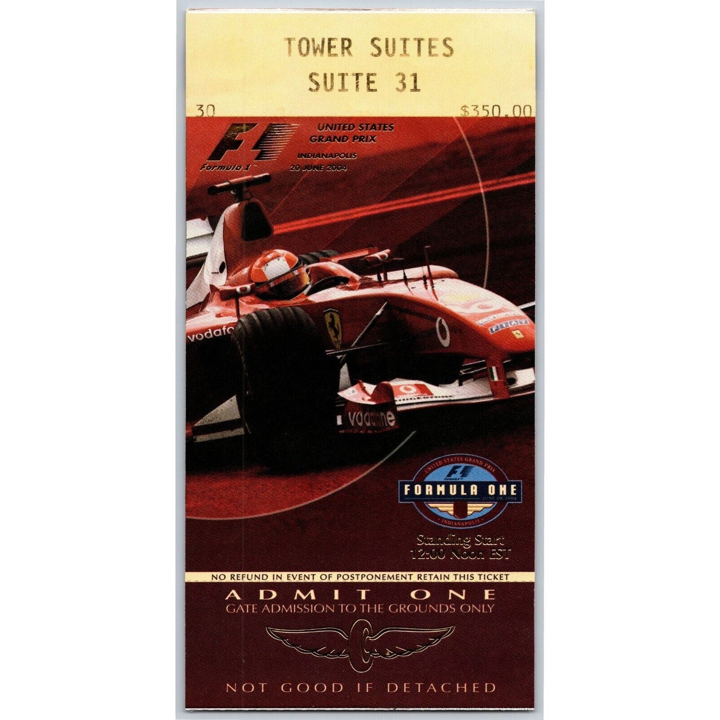 2004 Indianapolis Formula One Grand Prix Racing Race Day Unused Tower Ticket