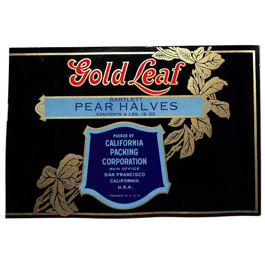1940 Paper Can Label Gold Leaf Brand Bartlett Pear Halves - VGC - Scarce