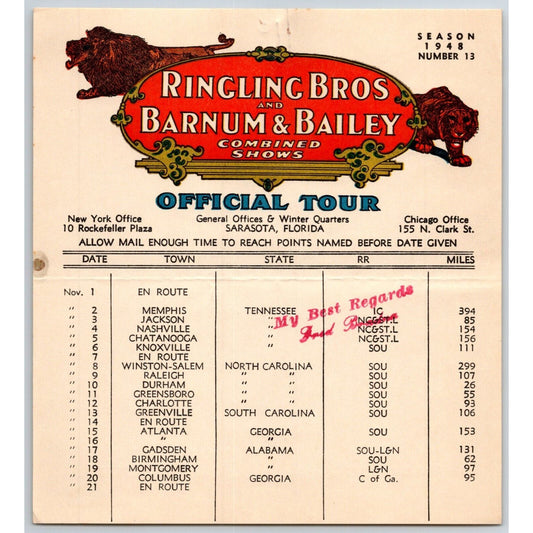 1948 Ringling Bros Barnum Bailey Circus Route Card Memphis Nashville Raleigh