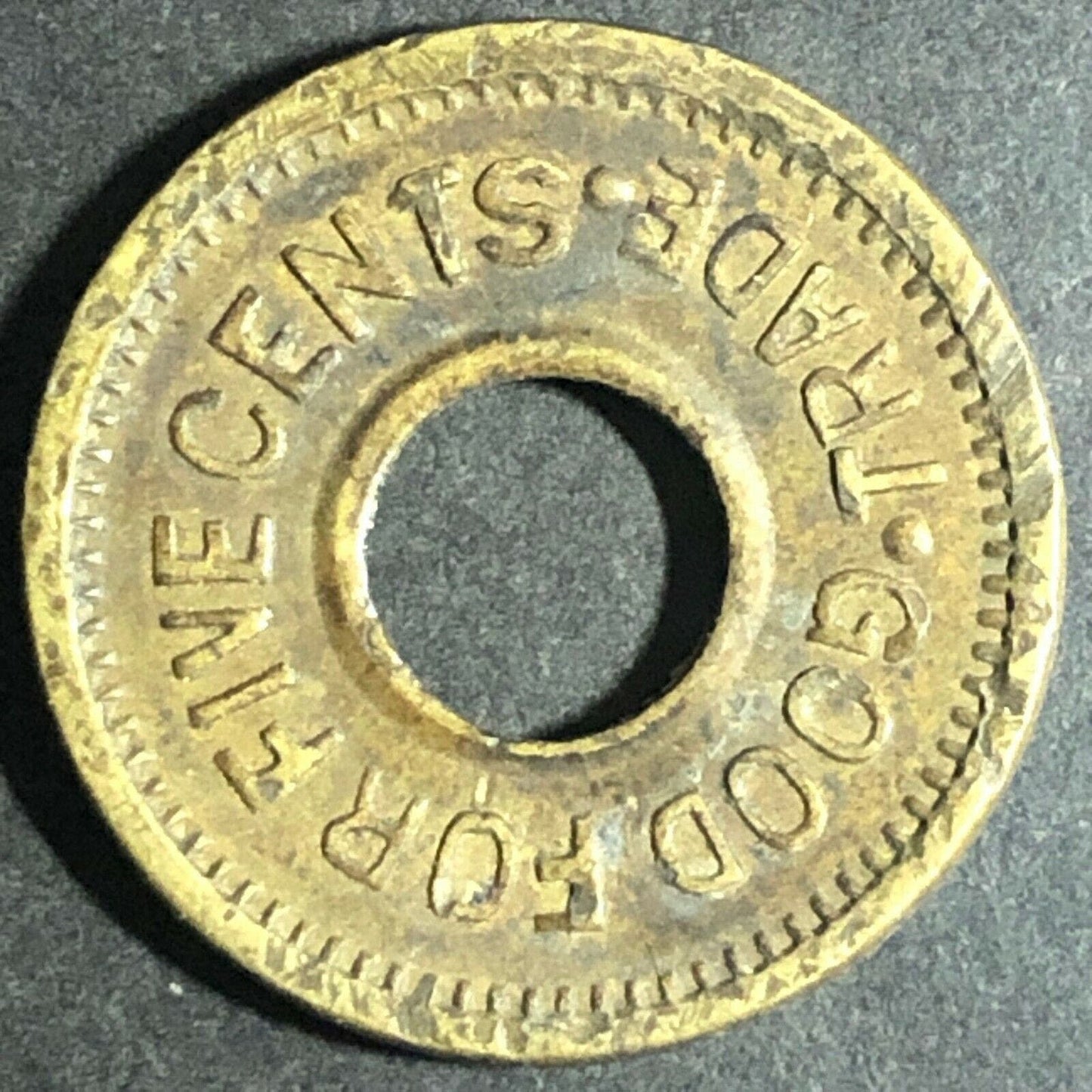 Vintage 21mm Brass "Liberty Bell Good For 5c Trade" -- Donut Token