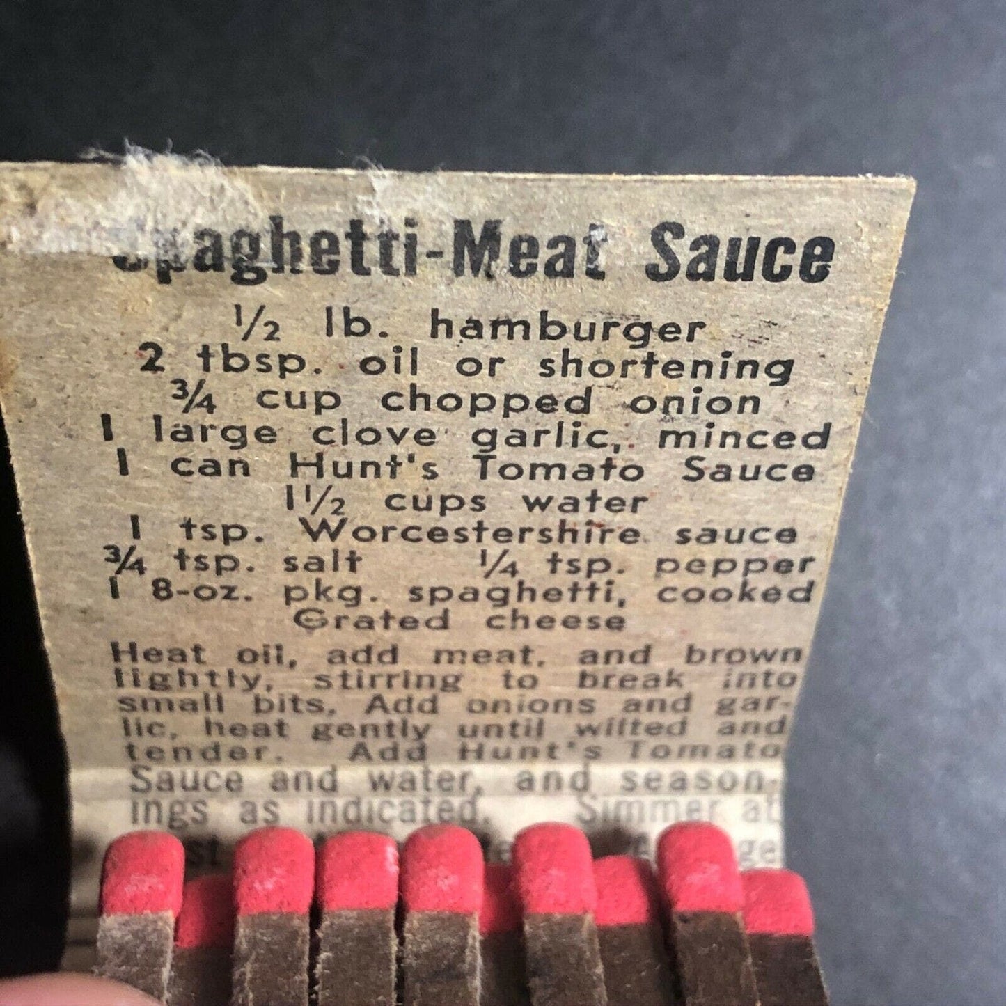 1960's Full Matchbook - Hunt's Tomato Sauce w/ Spaghetti Recipe