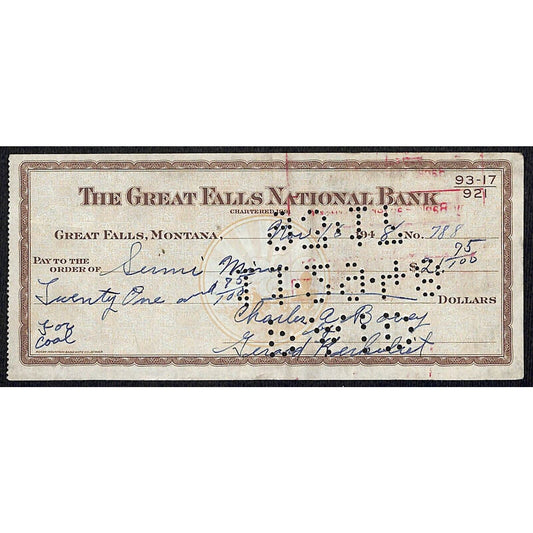 Great Falls National Bank Montana - 1948 Bank Check