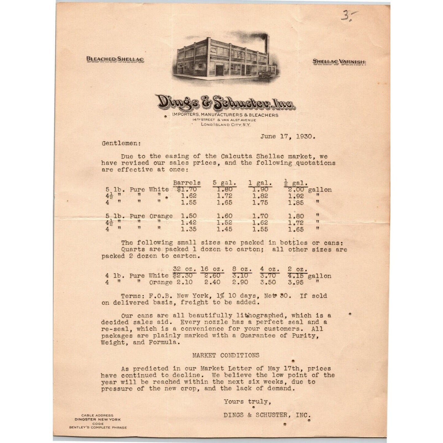 Long island City NY Billhead Letterhead 1930 Dings & Schuster Bleached Shellac