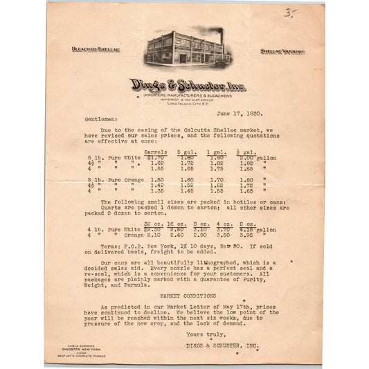 Long island City NY Billhead Letterhead 1930 Dings & Schuster Bleached Shellac