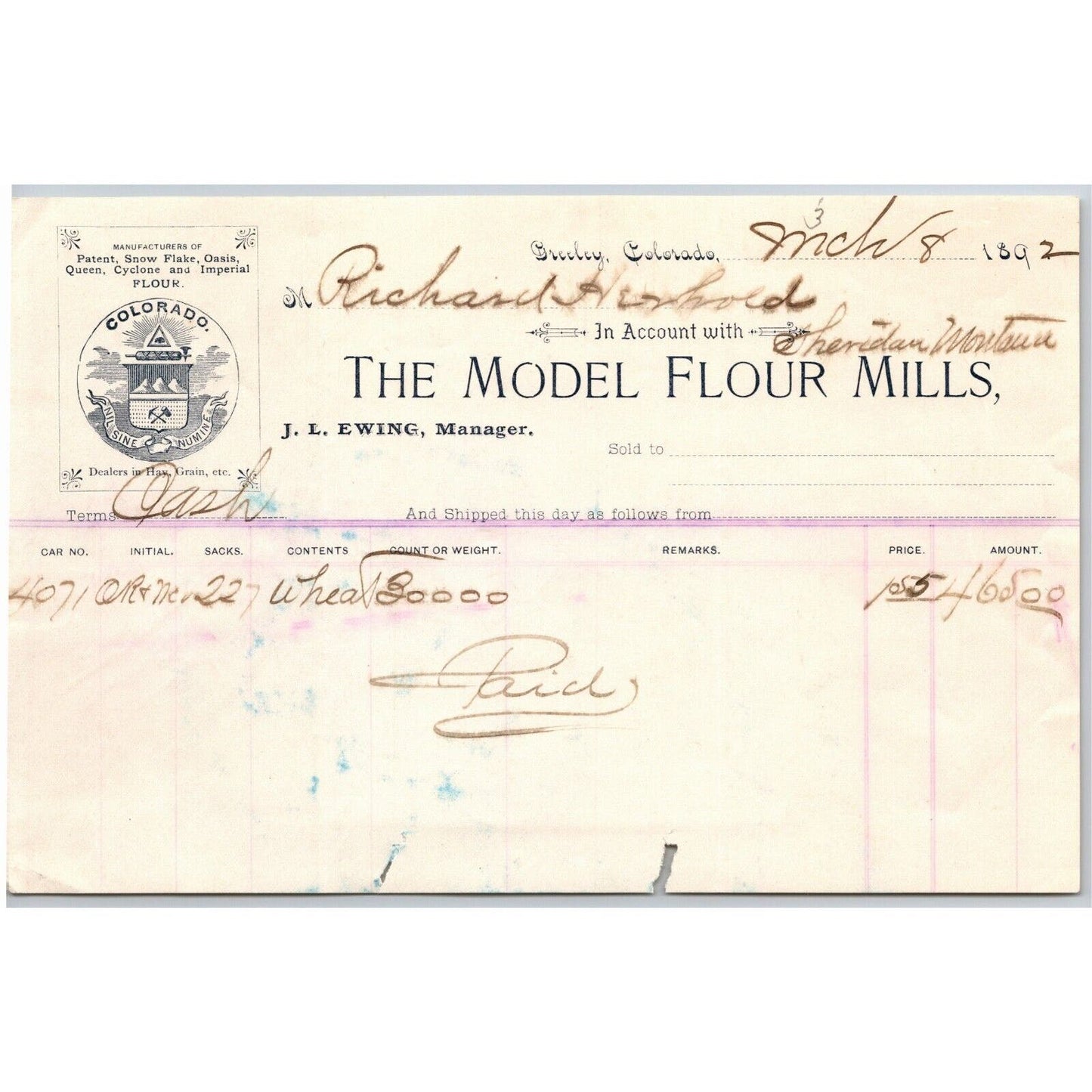 1892 Greeley, CO "The Model Flour Mills" Letterhead w/ Official Colorado Seal