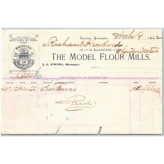 1892 Greeley, CO "The Model Flour Mills" Letterhead w/ Official Colorado Seal