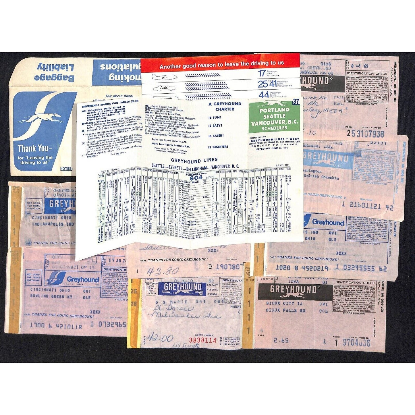 Greyhound Bus Group of 12 Receipts Incl. Env. & 1971 Portland Seattle Schedule