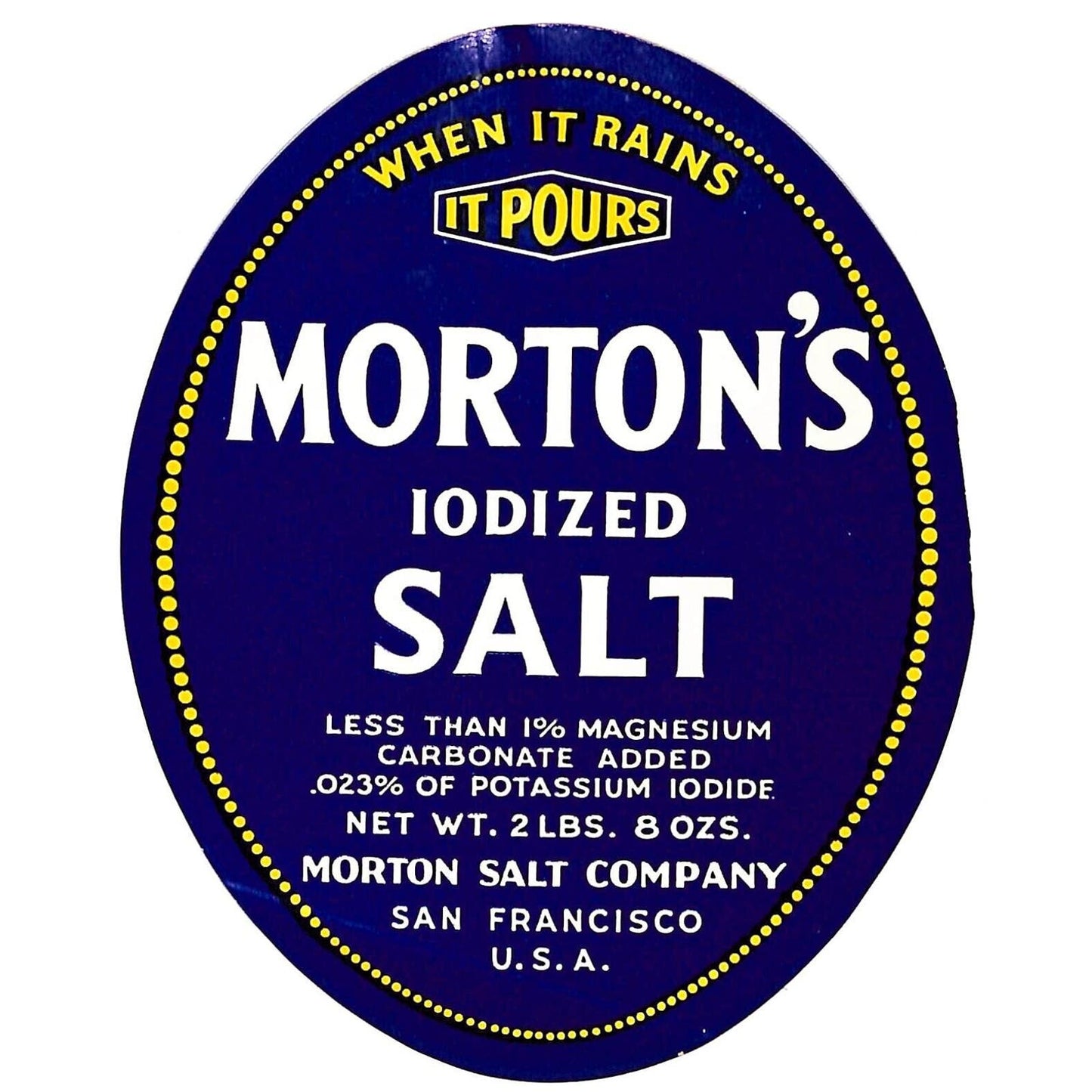 Morton's Iodized Paper Salt Label 2 Lbs 8 Ozs. Stamped 1941 Scarce San Francisco