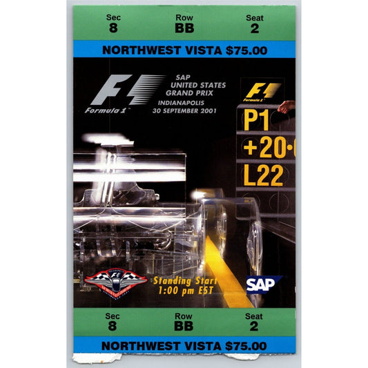 2001 Indianapolis Formula One Grand Prix Racing Ticket Stub 9/30 VGC - Seat 2