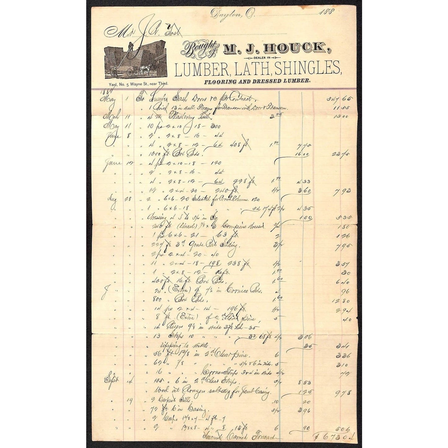 Dayton, OH M.J. Houck Lumber Lath Shingles Flooring 1882 Letterhead - Scarce