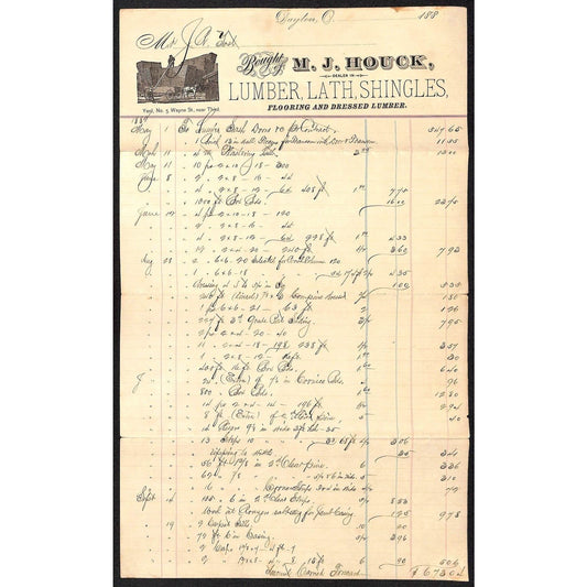 Dayton, OH M.J. Houck Lumber Lath Shingles Flooring 1882 Letterhead - Scarce