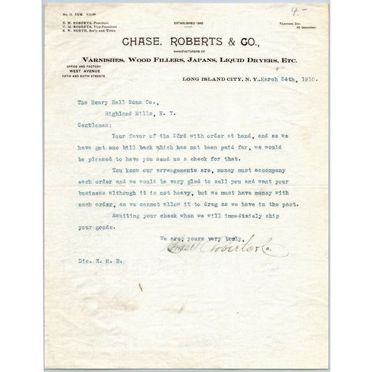 Long Island City NY Billhead Letterhead 1910 Chase, Roberts & Co. Varnish Japans