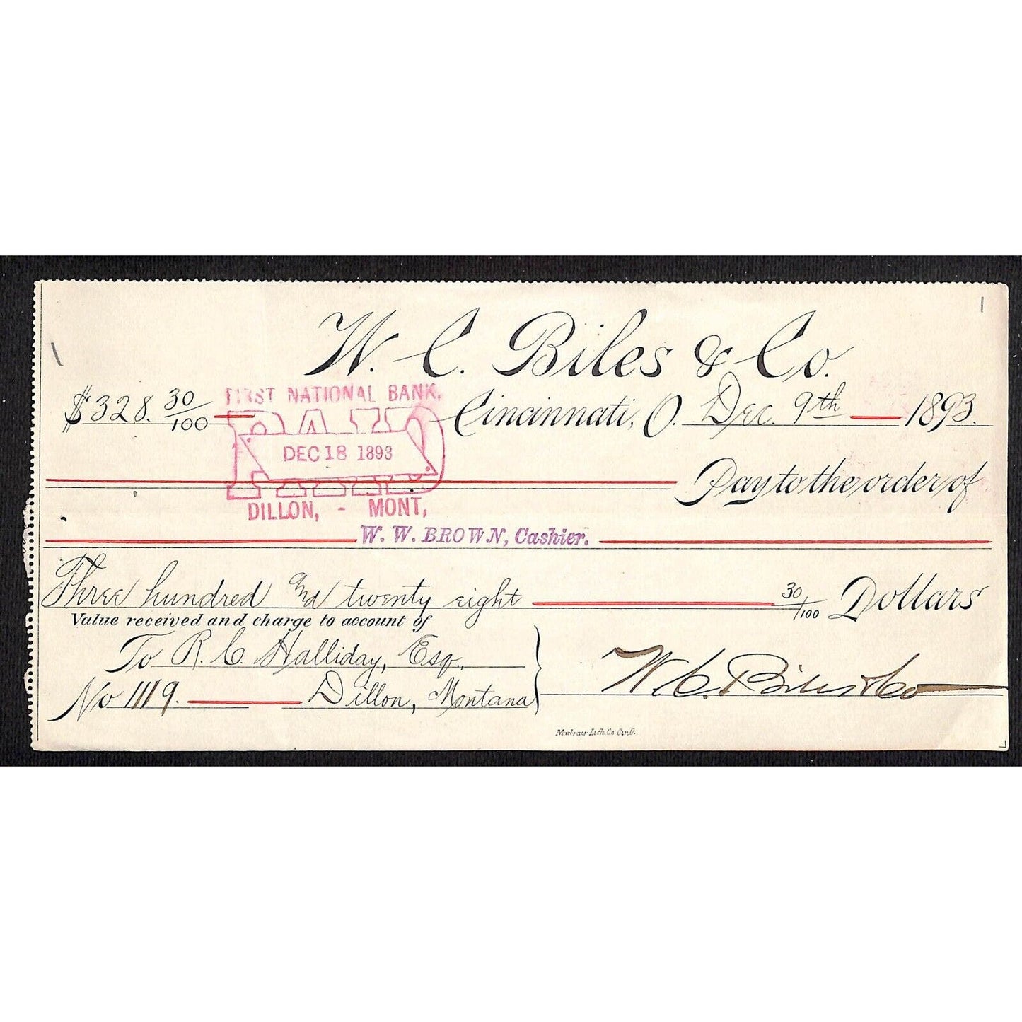 1893 Cincinnati Bank Check W. C. Biles & Co. Large / Scarce