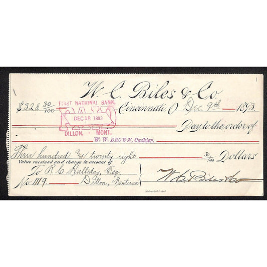 1893 Cincinnati Bank Check W. C. Biles & Co. Large / Scarce
