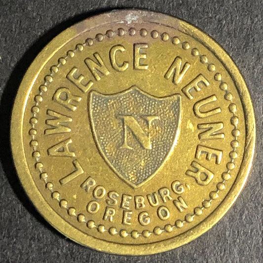 Lawrence Neuner Roseburg, ORE Cigar Store Brass G/F 5c Trade Token 21.29mm c1925