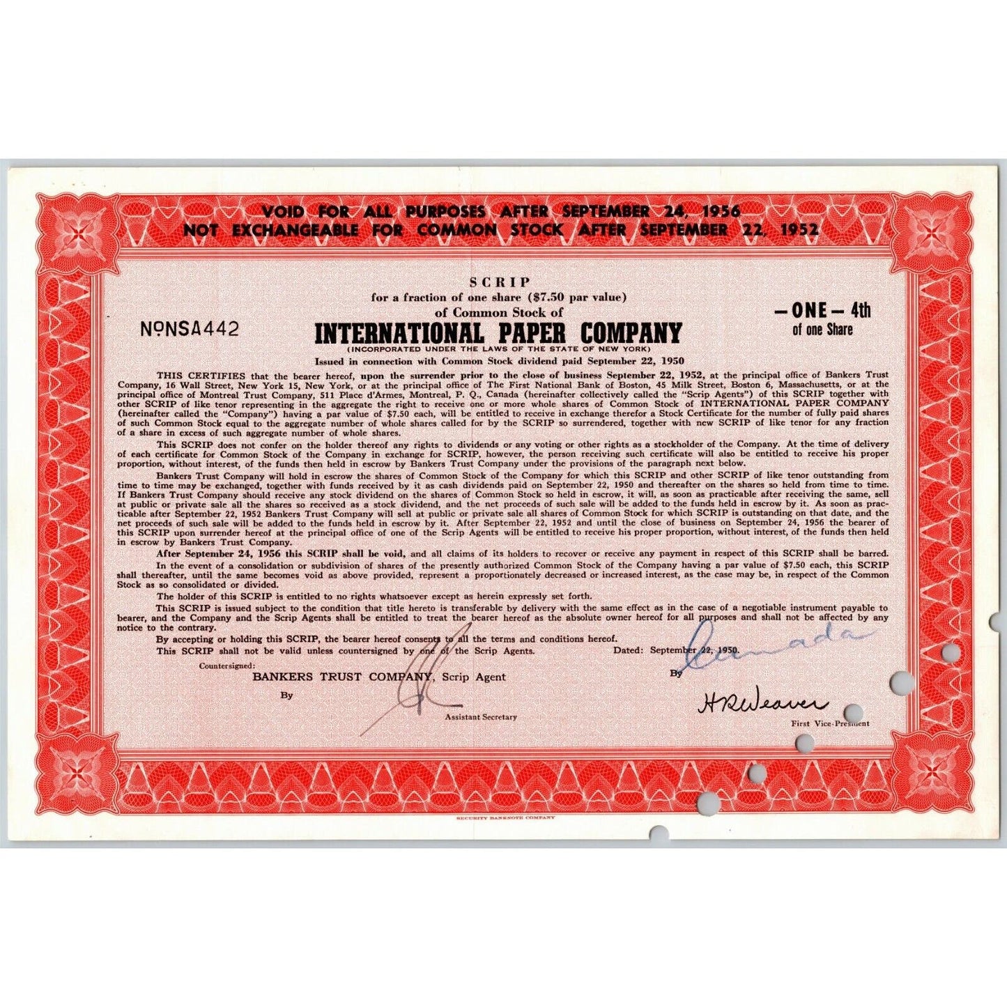 Vintage 1950 Stock / Scrip Certificate "International Paper Company"