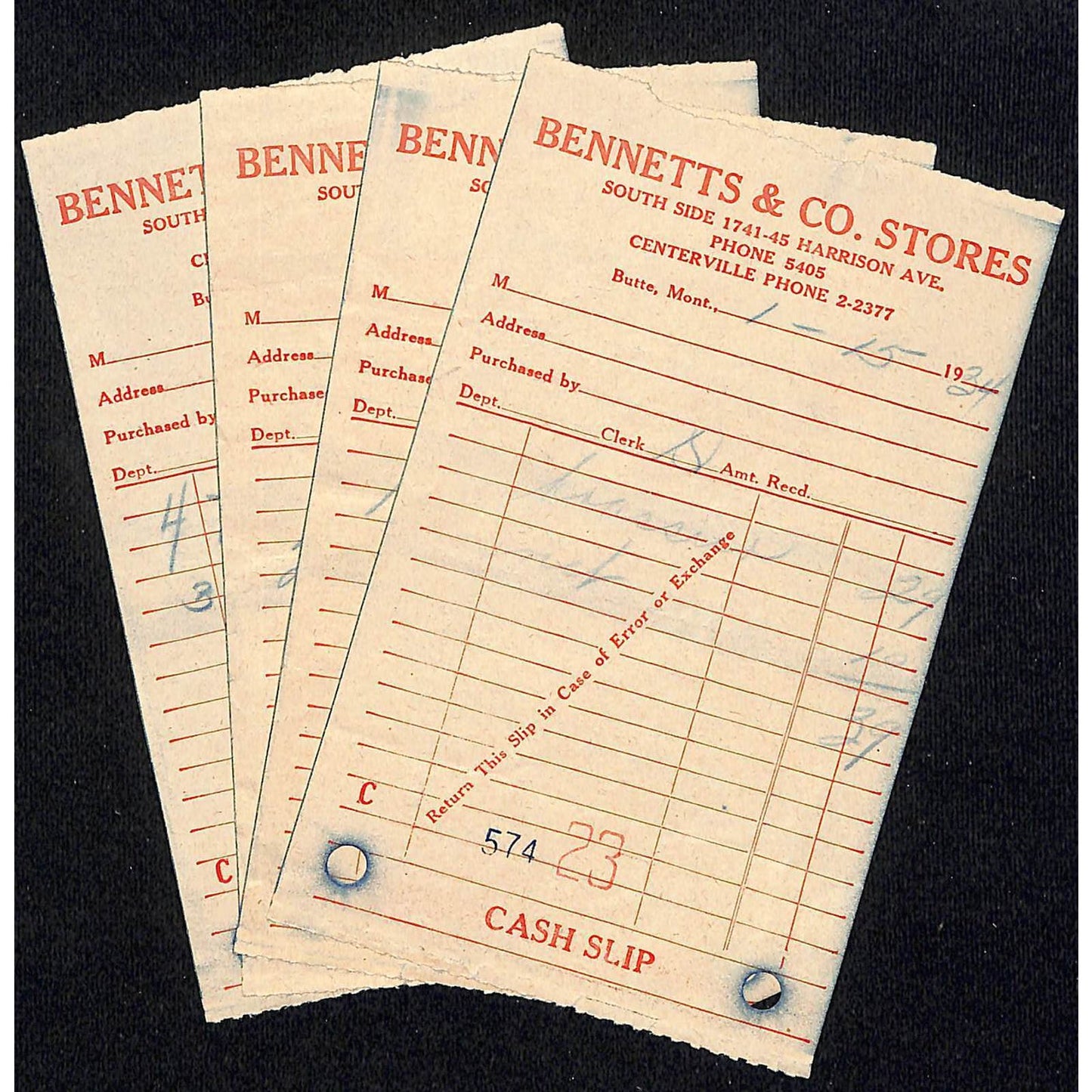 Group of 4 Bennetts & Co. Butte Montana 1933 Billhead Letterhead Wilson Drug