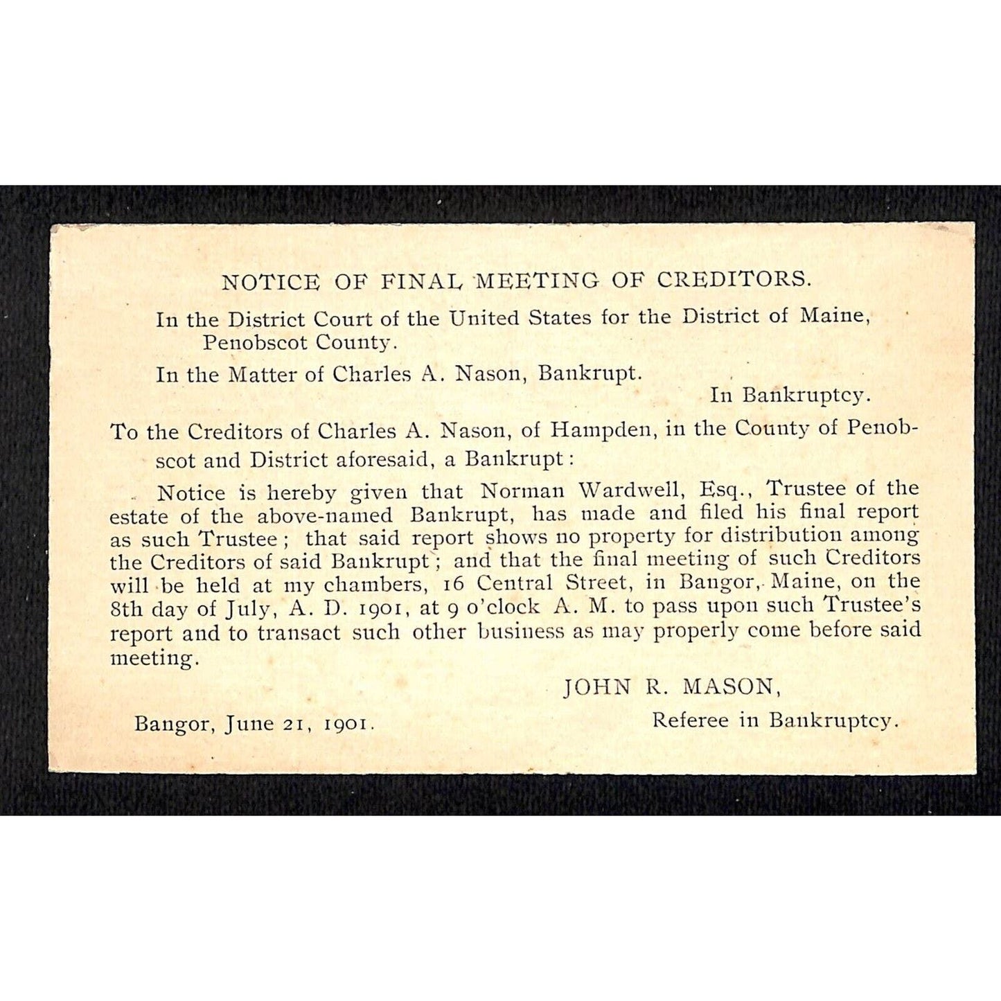 Newburgh, ME 1901 Bankruptcy Final Meeting Notice Card Postal Card VGC