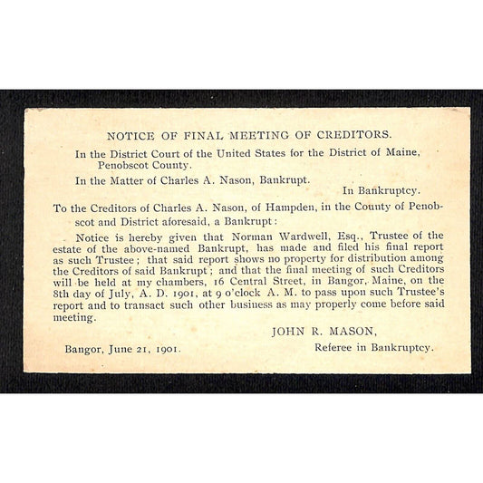 Newburgh, ME 1901 Bankruptcy Final Meeting Notice Card Postal Card VGC