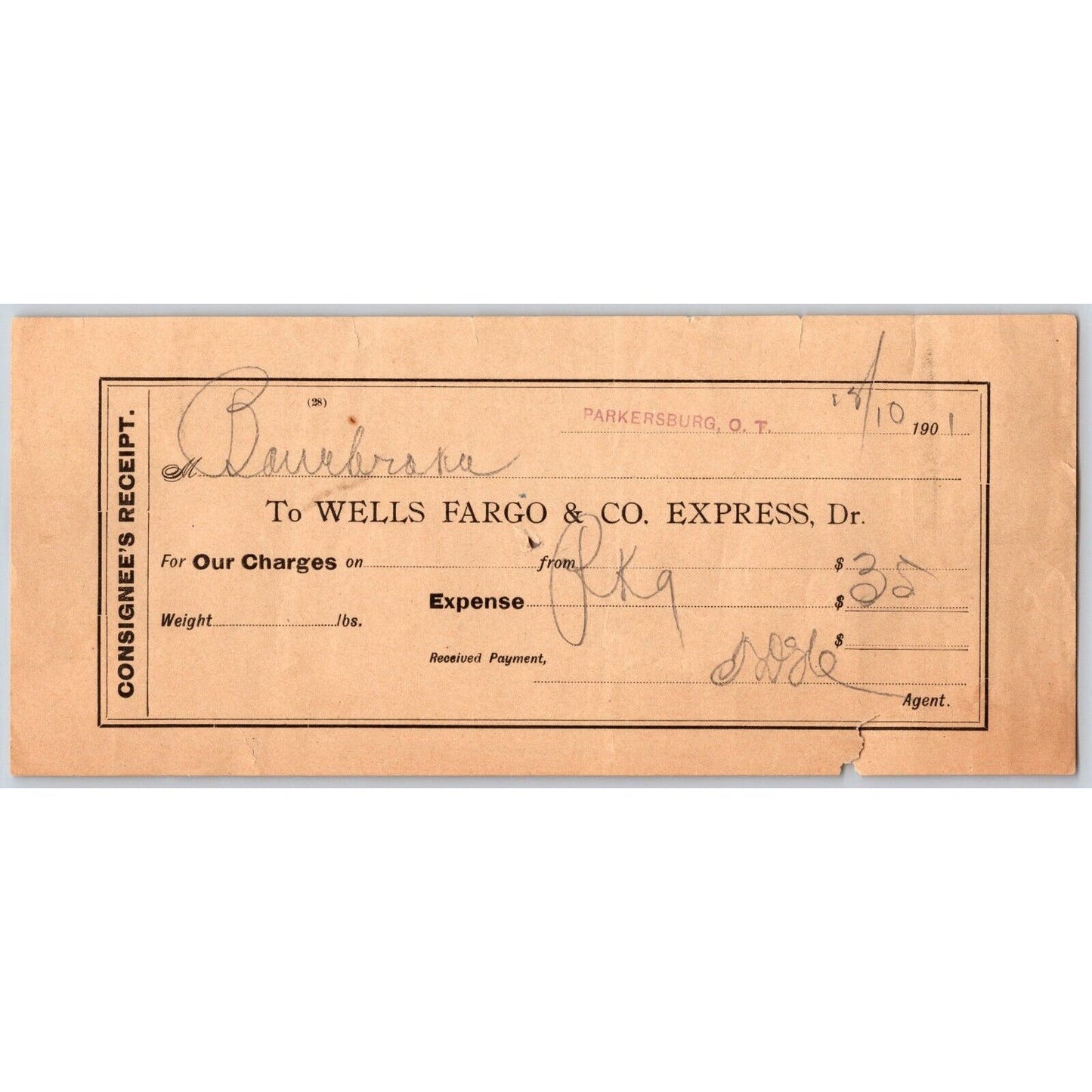 Parkersburg, OK Territory 1901 Wells Fargo & Co. Express Consignee's Receipt