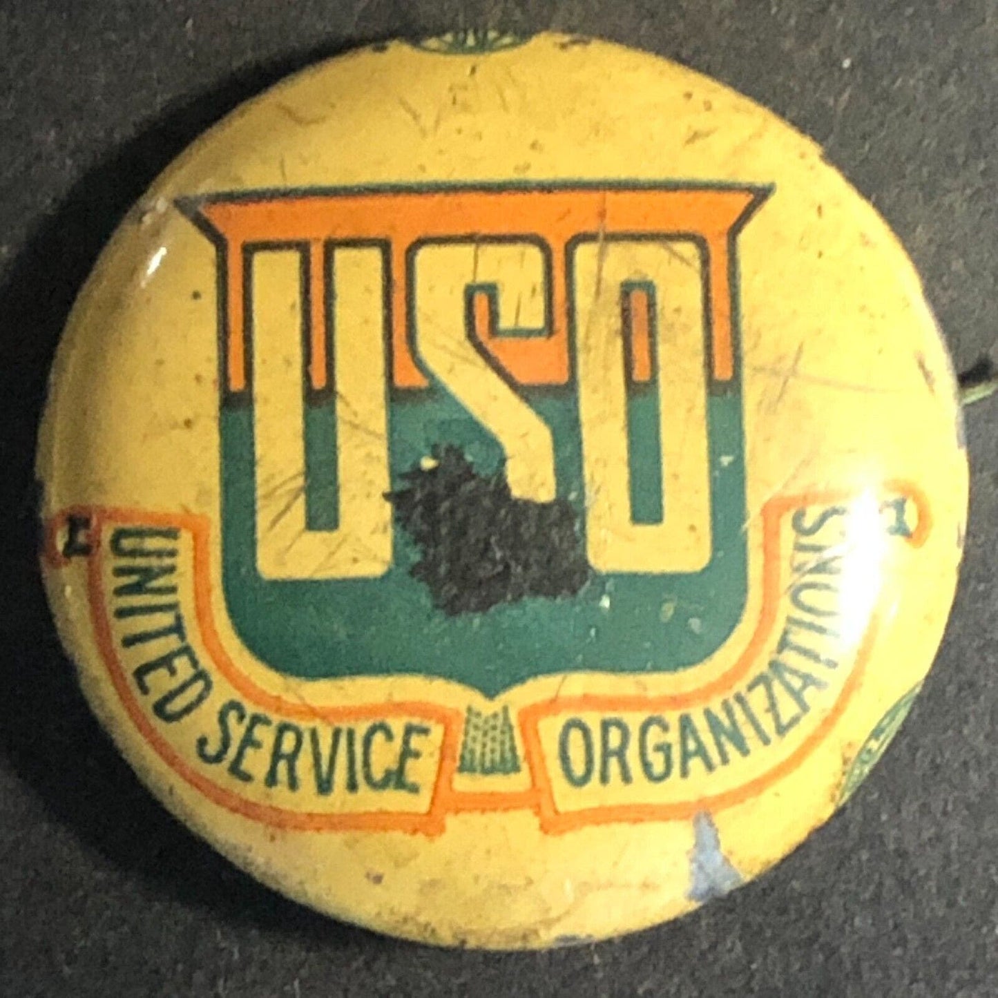 USO Untied Service Organizations Steel Pinback Button c1940's-50's