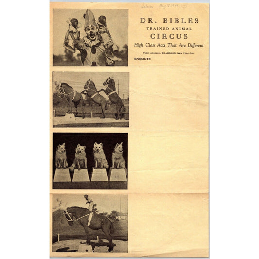 Dr. Bibles Trained Animal Circus Letterhead c1944 "High Class Acts" Very Scarce