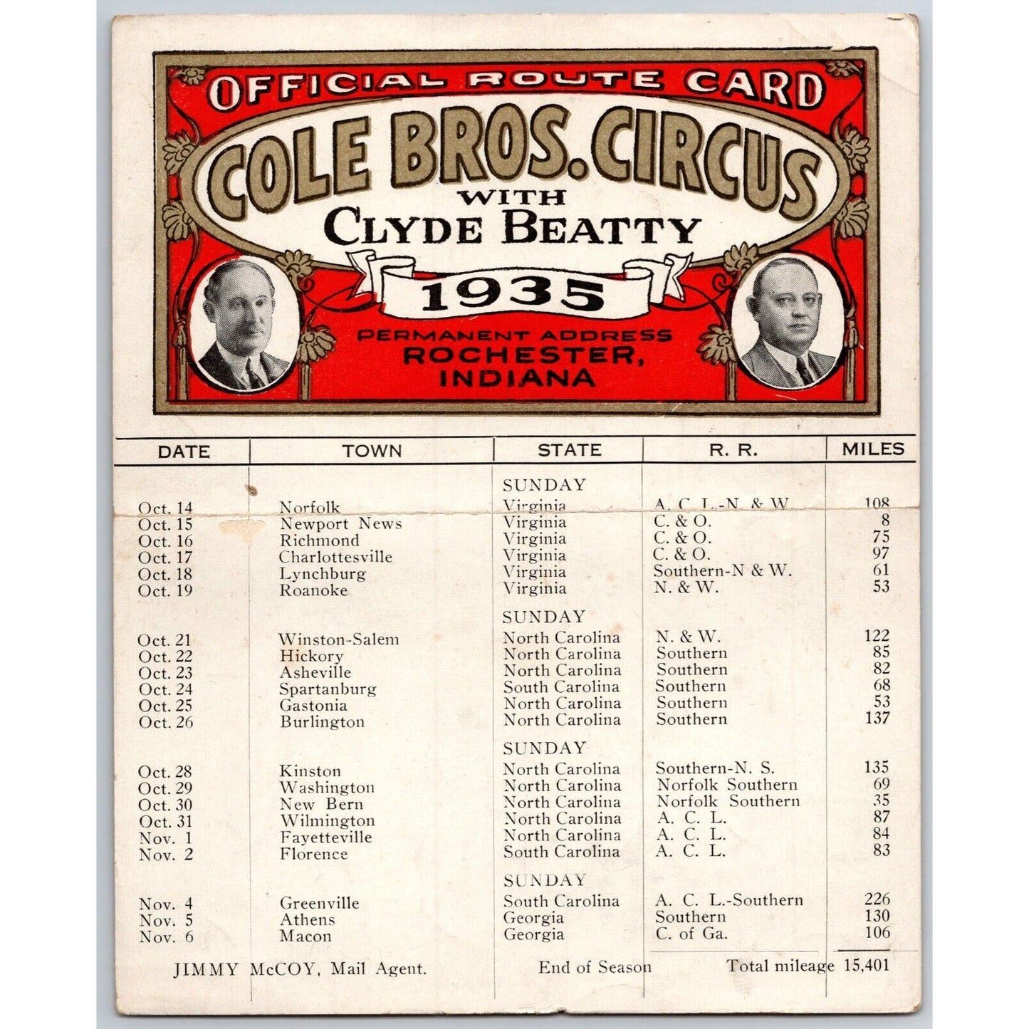 1935 Cole Bros with Clyde Beatty Circus Route Card VA NC SC GA