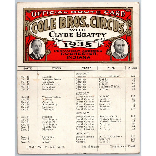 1935 Cole Bros with Clyde Beatty Circus Route Card VA NC SC GA