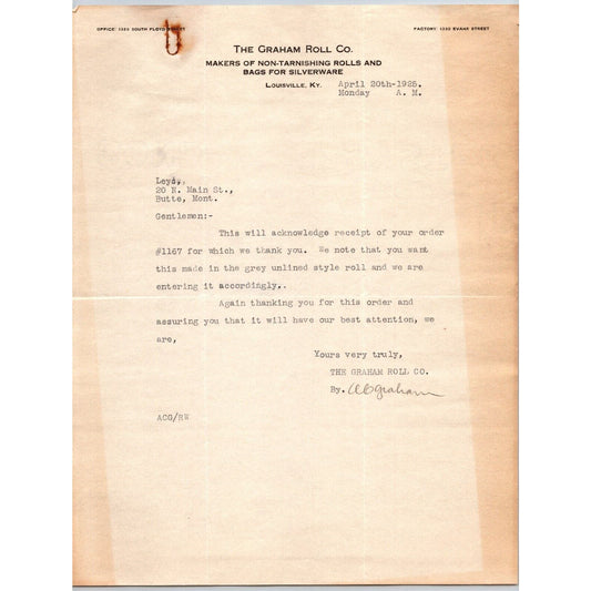 Graham Roll Co. Non-Tarnish Bags to "Leys" Jewelers Butte, MT 1925 Letterhead