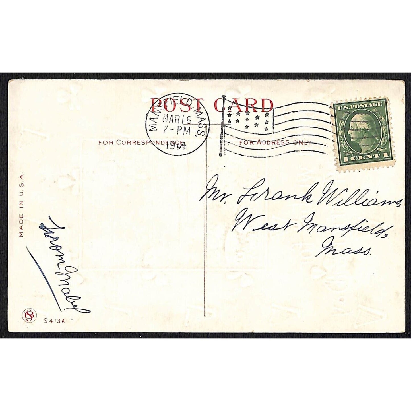 St. Patrick's Day Home Scene Harp Clover Postcard Emb. Mansfield, MASS PM 1914
