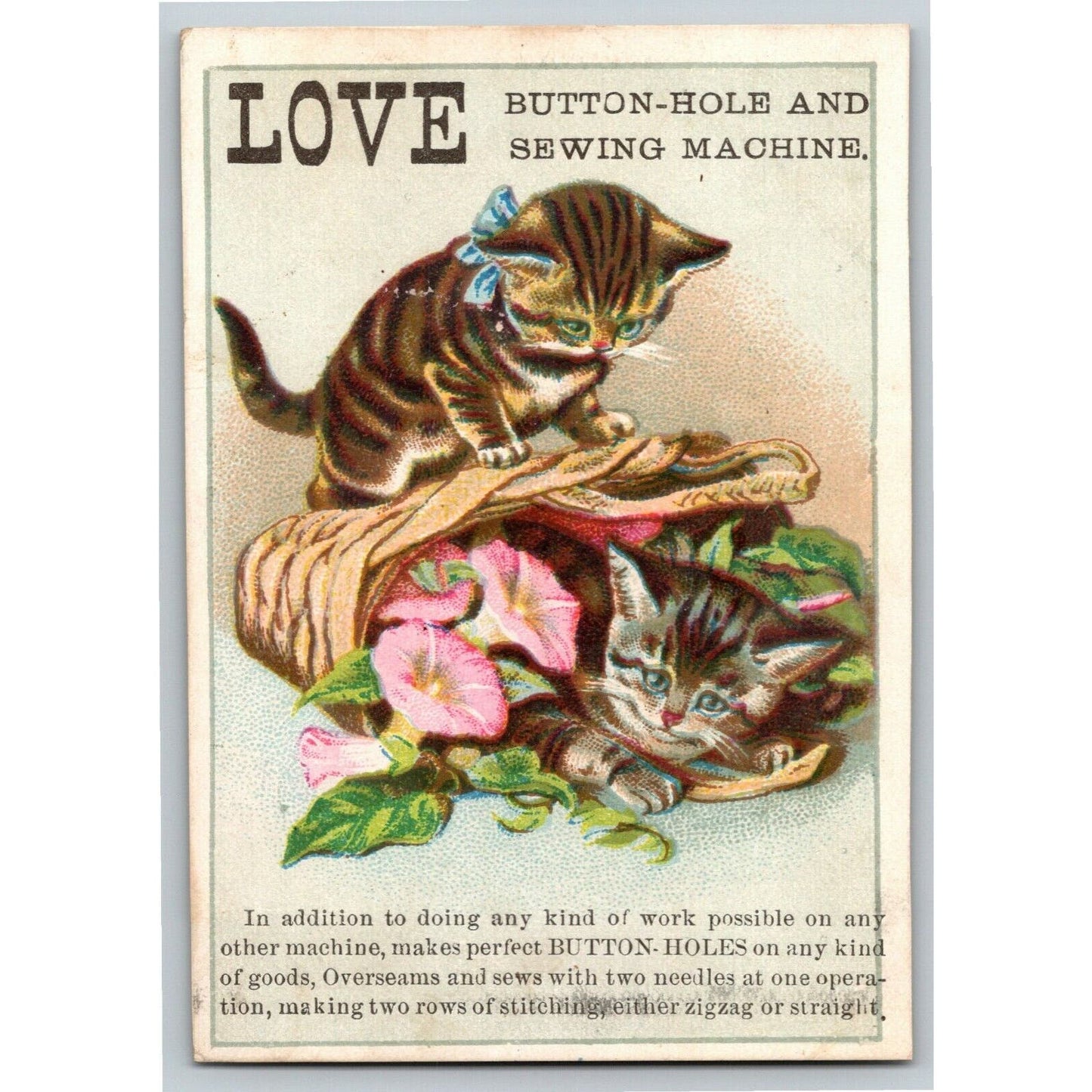 Victorian Trade Card - Kitten Cat w/ Basket Spill - Love Sewing Machine