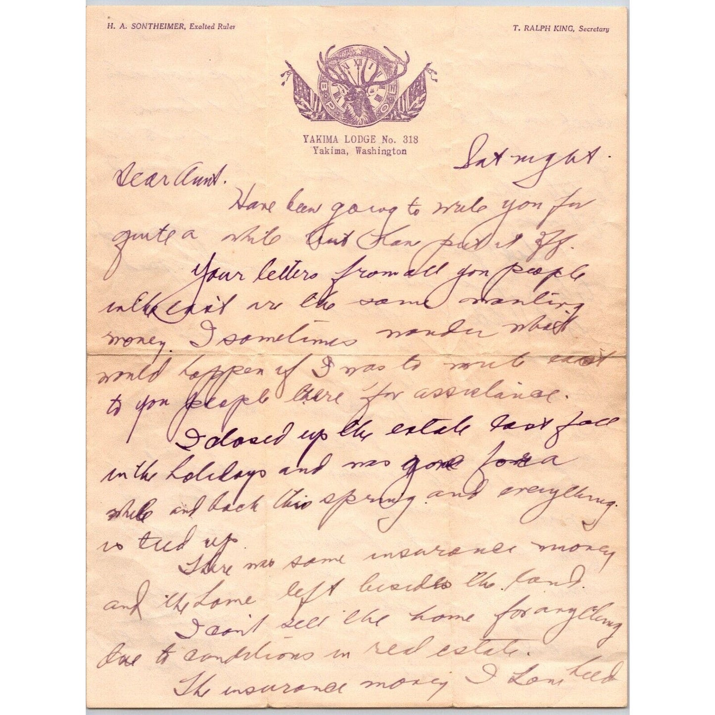 Yakima Lodge No. 318 Washington BPOE c1938 Letterhead "Dear Aunt..."