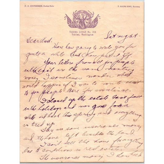 Yakima Lodge No. 318 Washington BPOE c1938 Letterhead "Dear Aunt..."