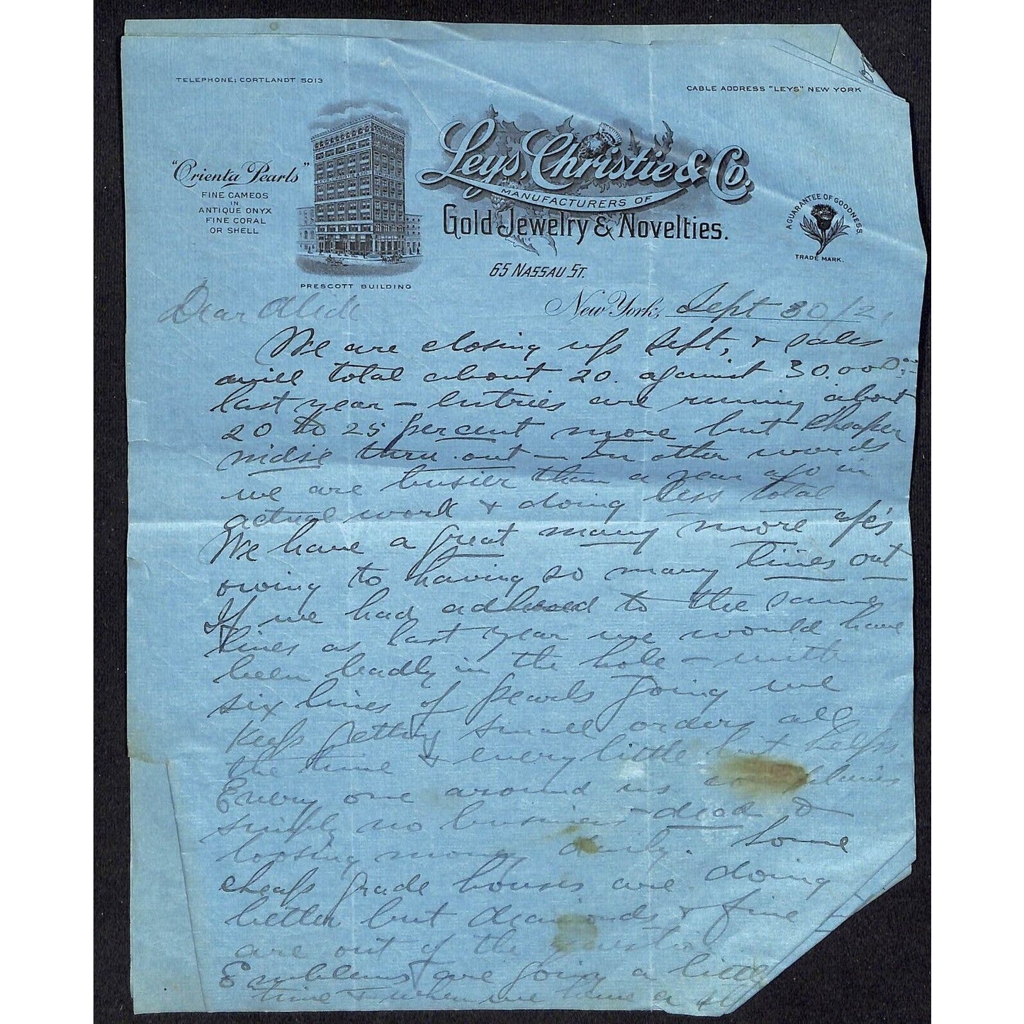 3 Leys, Christie 1921 Letterheads Gold Jewelry Prescott Building NYC